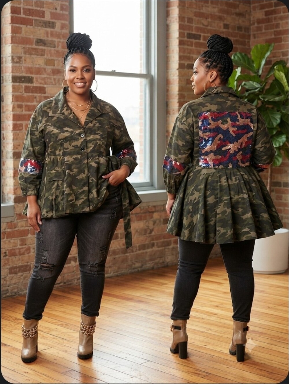 NWT Eien Camo Peplum Jacket with Sequin Back Panel - Sz 1XL